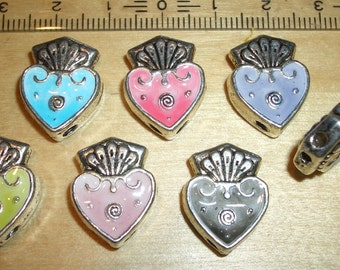 Enamelled thick threading part in the shape of a heart with a crown - cross-drilled - colorfully enamelled - 2 cm - in 5 different colors