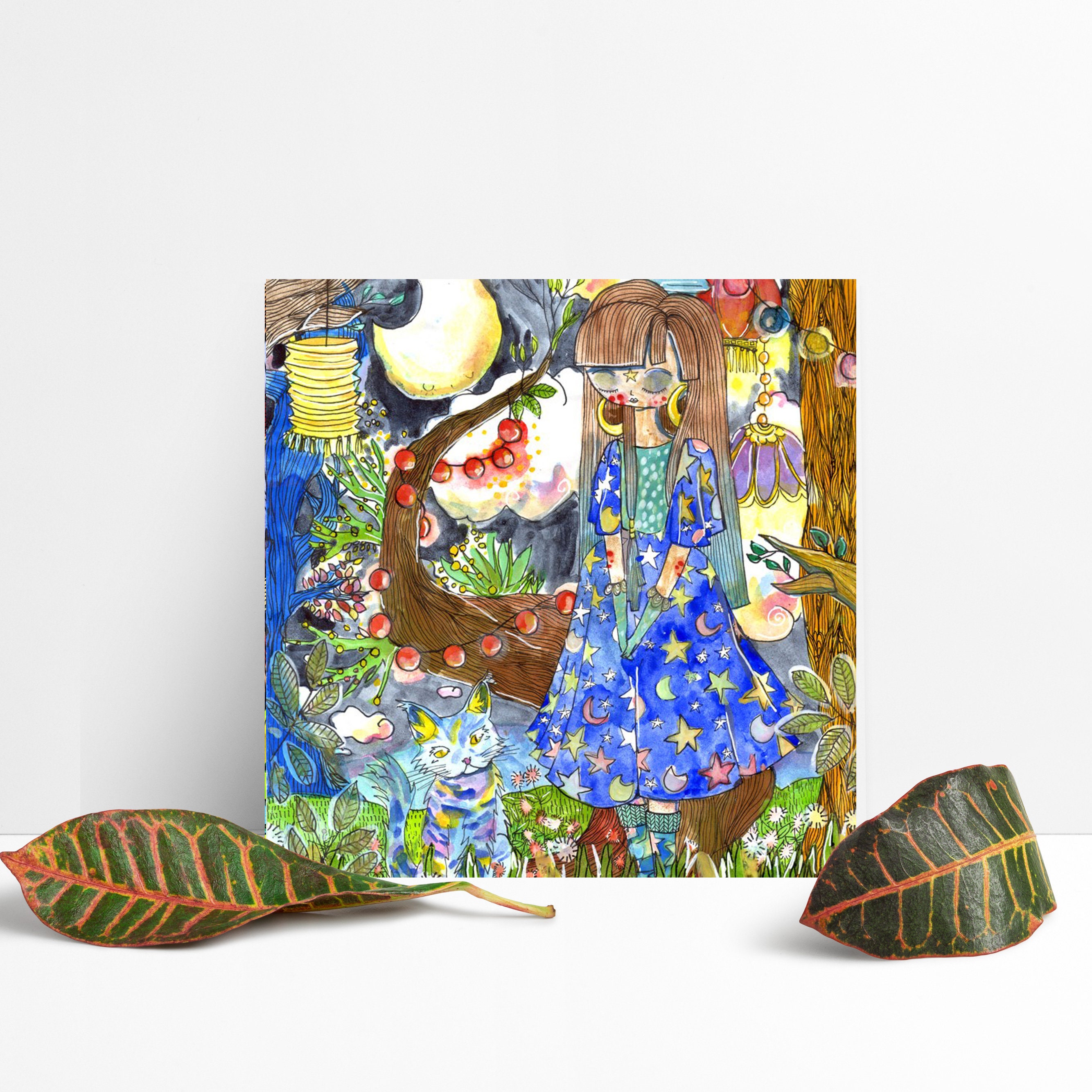 Illustration Originale Sorcière, Chat et Lumière La Nuit, Aquarelle Art Dessin Magie de Lune, Décora