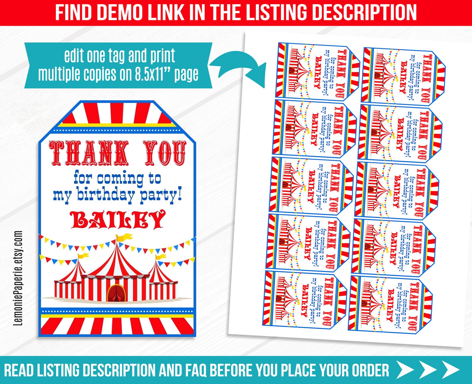 Circus thank you tags editable carnival favor tags printable | Etsy