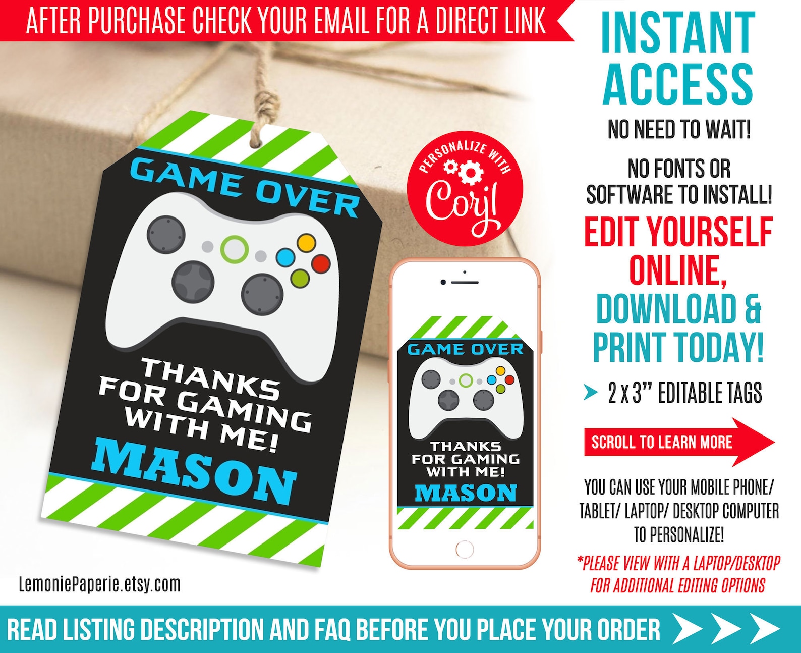 Video Games Thank You Tags Editable Video Game Favor Tag Etsy