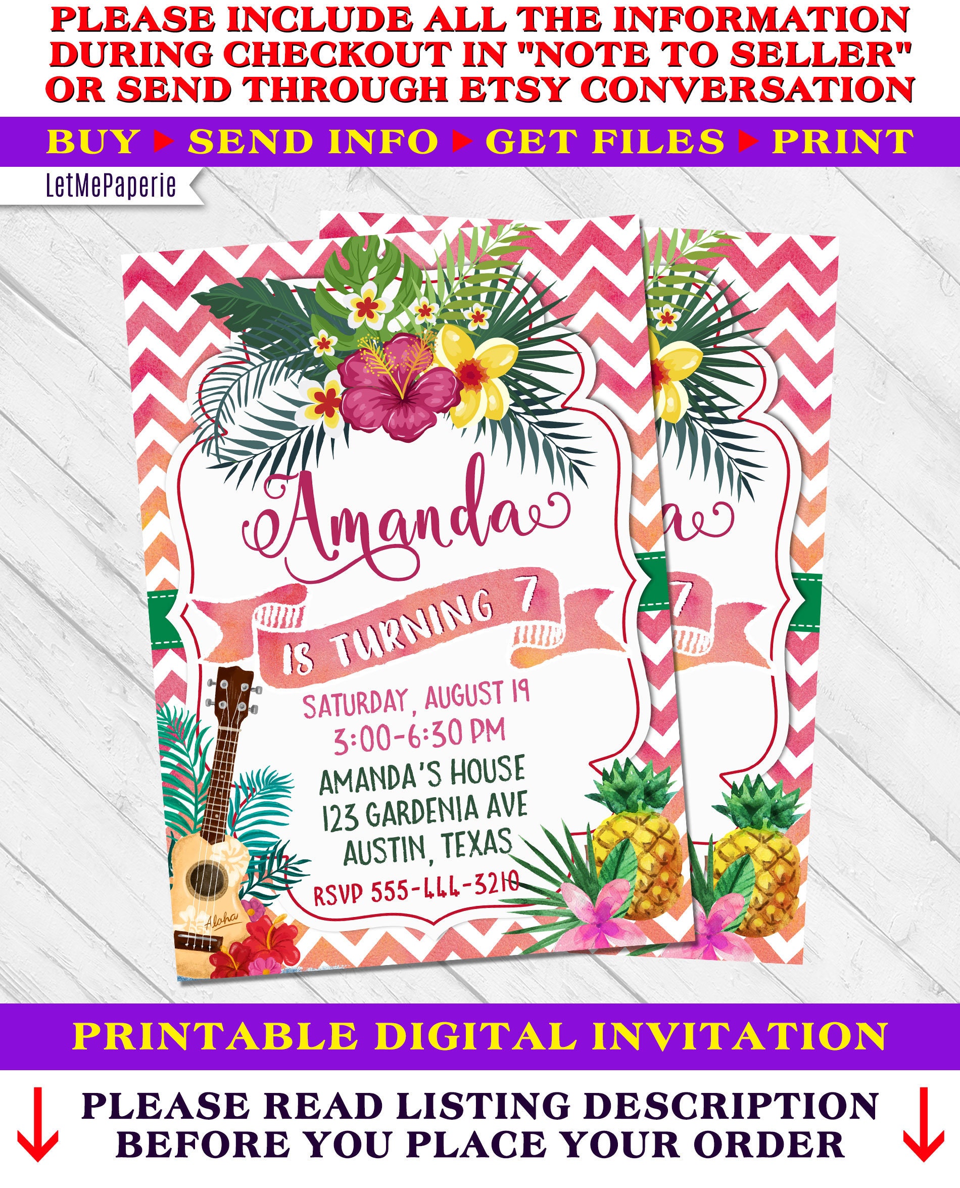 Hawaiian Party Invite Pineapple Invitation Hawaiian Birthday Etsy