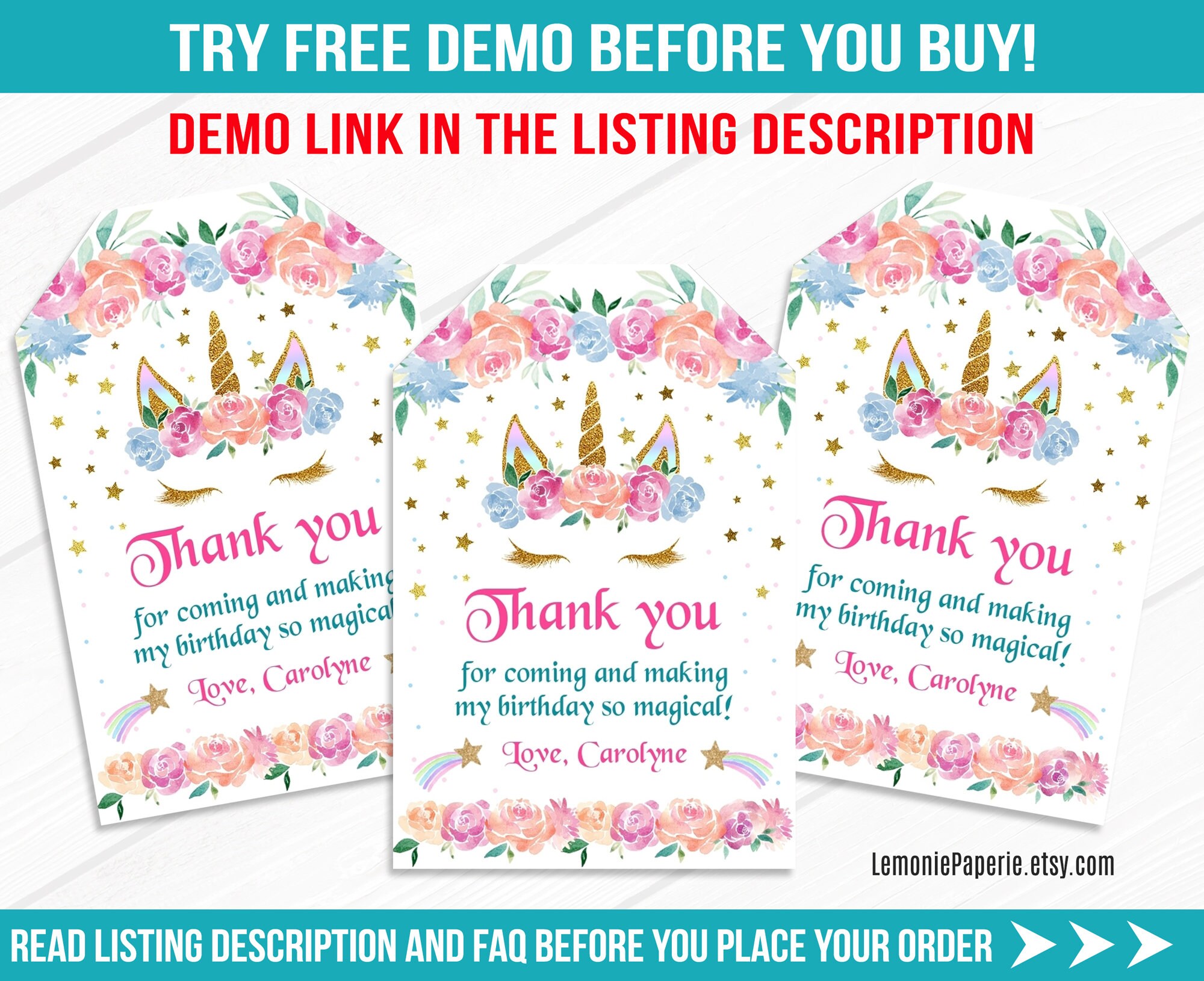 unicorn thank you tags editable unicorn favor tags printable etsy