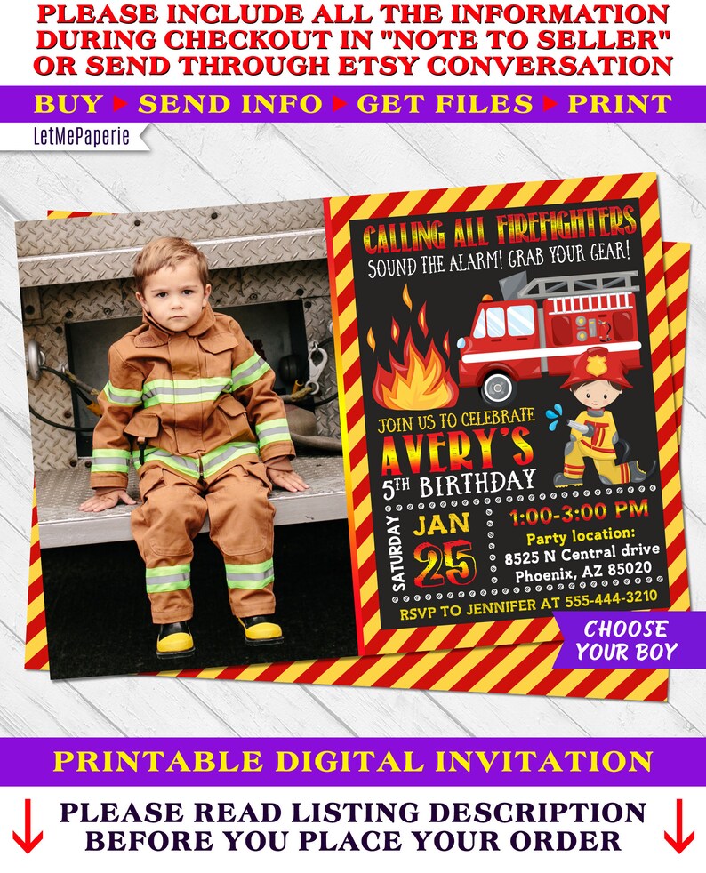 Firefighter Invitation Fireman Invitation Firetruck | Etsy