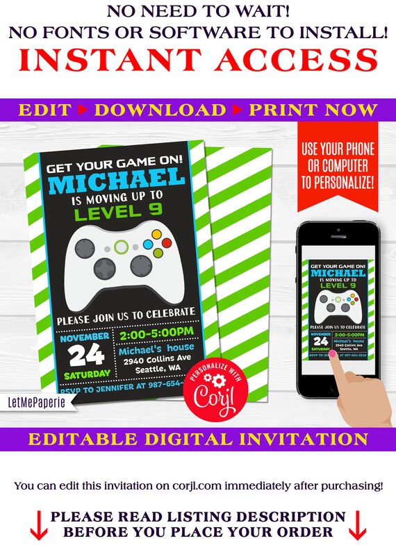 video games invitation template editable video game party etsy video games template
