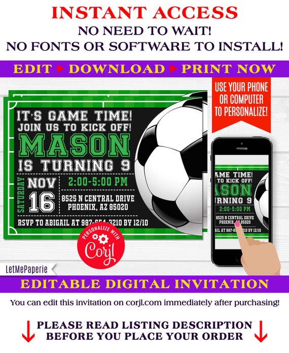 soccer invitation template editable soccer birthday etsy soccer party invite template