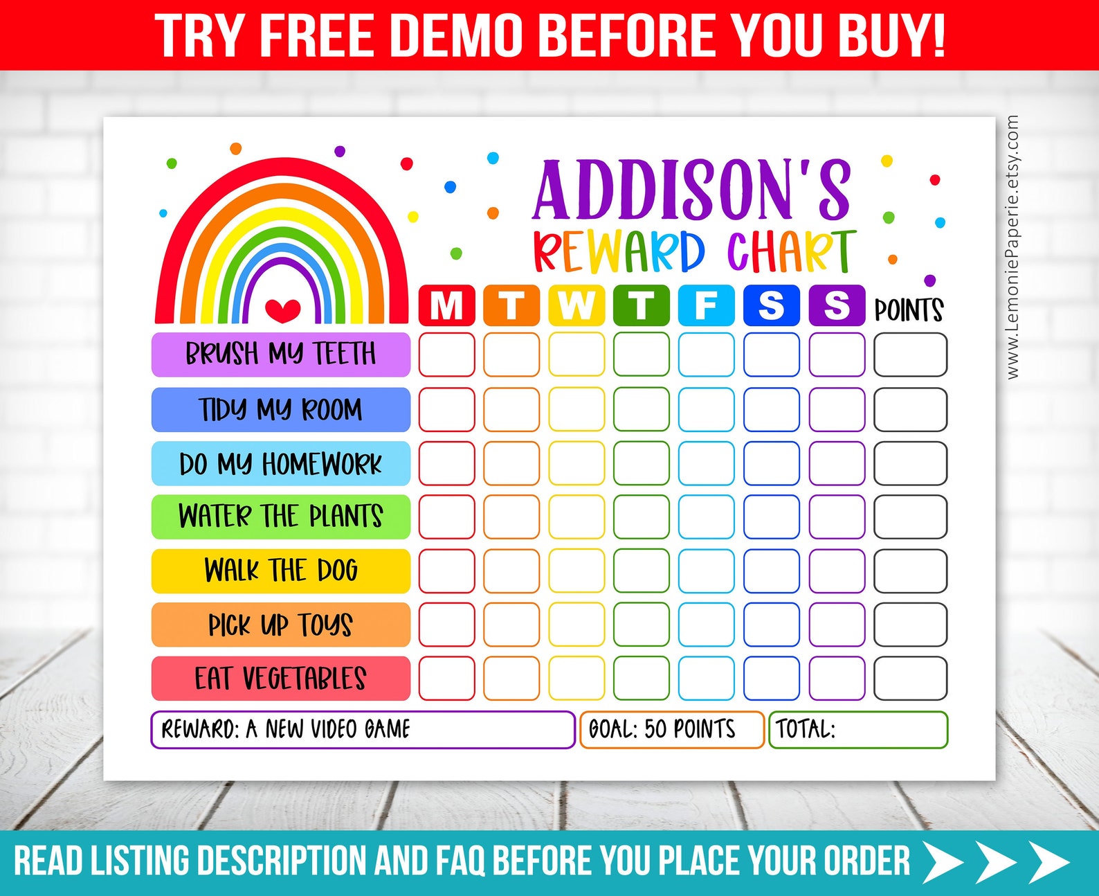 Reward chart kids chore chart editable kid routine chart etsy