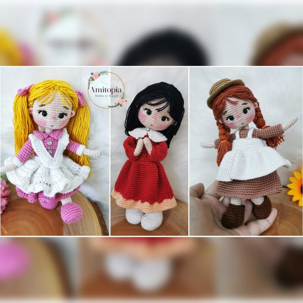 3 patrones de muñecas, patrones de muñecas Lady, Sara y Anne amigurumi/ miércoles/ halloween/ punto/ amigurumi/ muñeca/ tutorial/ pdf/ amitopia/ poupee