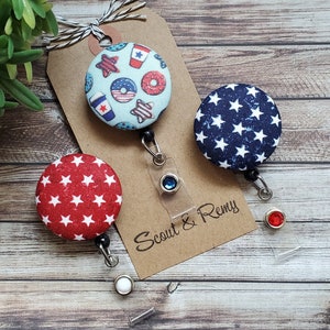 Patriotic Badge Reel, Red, White and Blue, Stars, Coffee, Independence Day, Wipeable Option