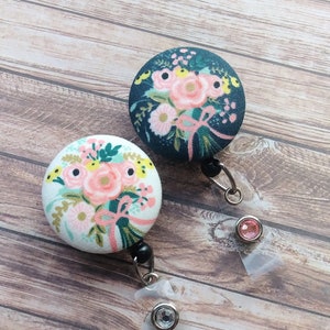 Rifle Paper Co Badge Reel Floral Bouquet, White, Navy, Retractable Badge Reel, Wipeable