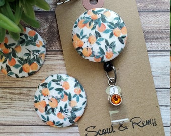 Peach Botanical Badge Reel: Retractable ID Holder, Wipeable Option