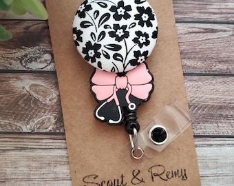 Black Floral Nurse Badge Reel with Pink Bow | Interchangeable Retractable ID Holder