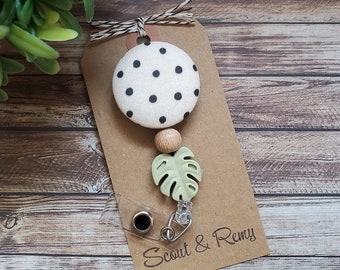 Neutral Boho Leaf Badge Reel, Interchangeable or Standard Option