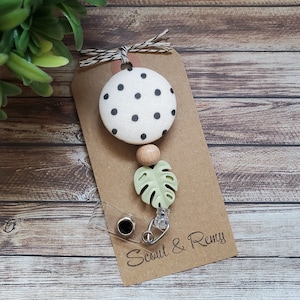 Neutral Boho Leaf Retractable Badge Reel | Polka Dot Id Holder | Wipeable & Interchangeable Options