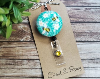 Portatarjetas con diseño floral de abeja: Clip retráctil tipo cocodrilo o para cinturón, lavable.