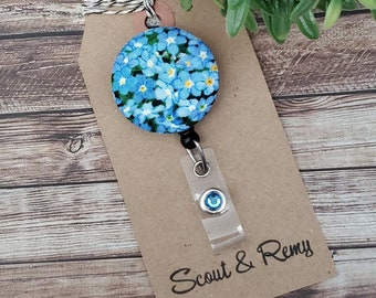 Badge Reel - Floral - Blue -Forget Me Not - Floral - Wipeable Option - Retractable badge Reel - Teacher Badge - Nurse Badge Reel