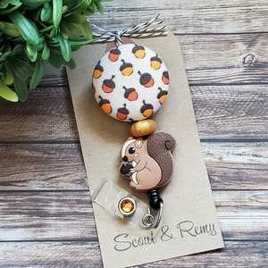 Squirrel and Acorn Badge Reel, Fall, Autumn Badge Holder, Permanent or Interchangeable, Wipeable Option