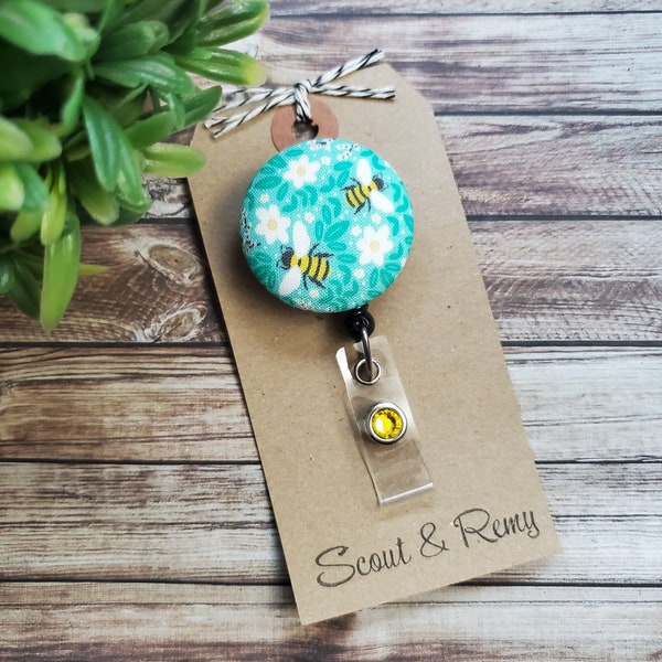 Bee and Floral Badge Reel, Retractable Badge Reel, Wipeable Option