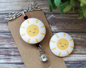 Happy Sun Badge Reel: Teacher/Nurse ID Holder, Wipeable Option