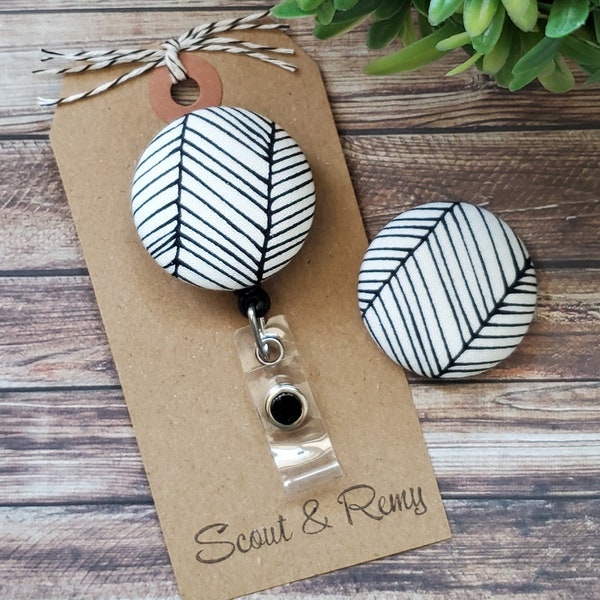 Badge Reel, Modern Geometric Badge Reel, White and Black, Wipeable Option