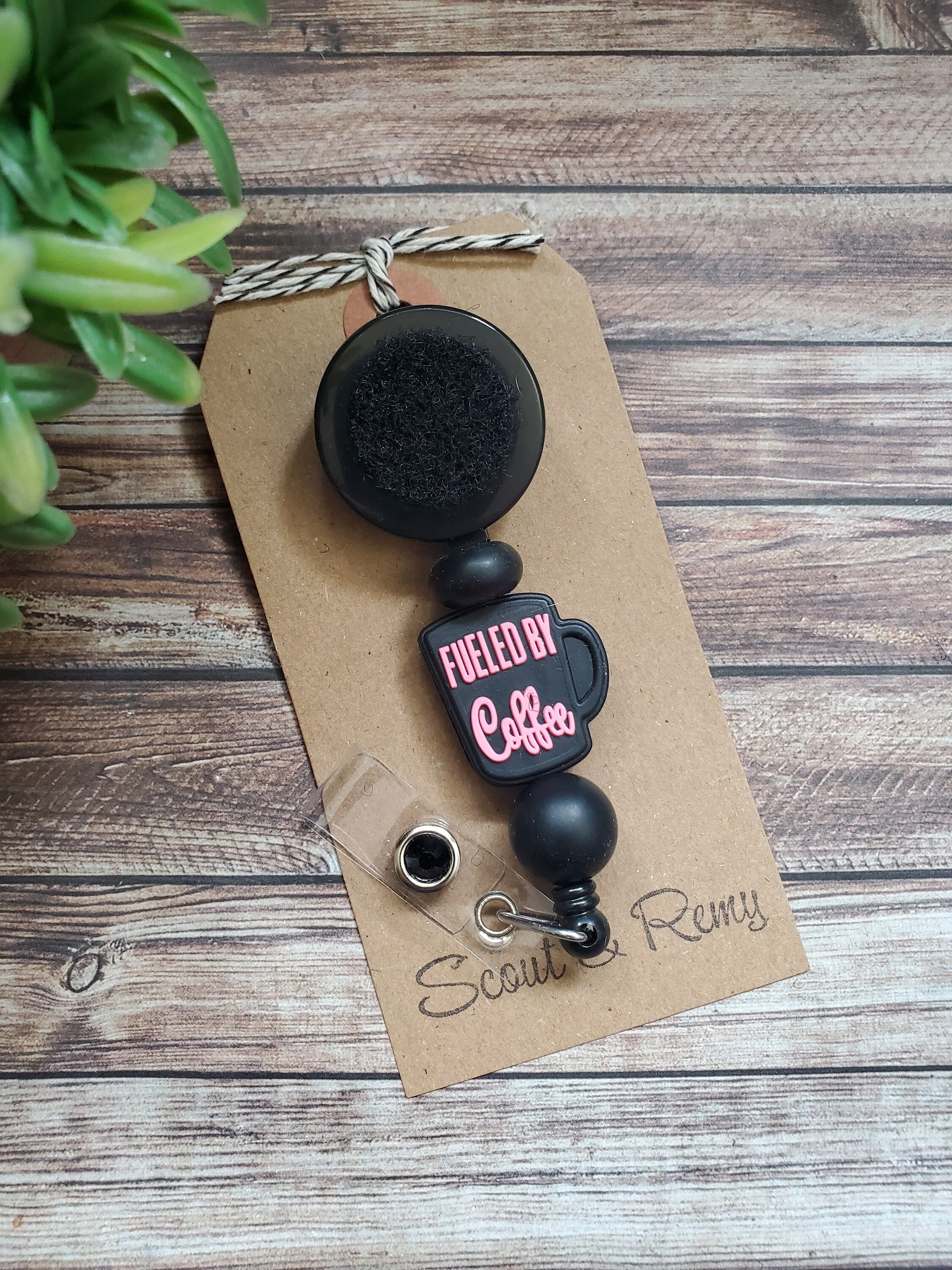 Fueled by Coffee Pink Badge Reel Base, Retractable Badge Reel,  Interchangeable or Fixed Option 