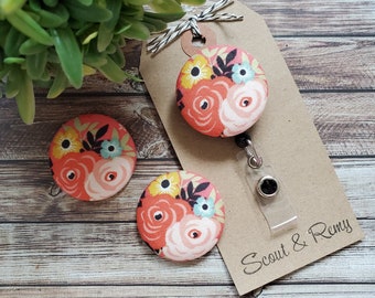 Floral Badge Reel, Retractable Badge Reel, Wipeable Option