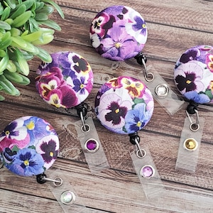 Spring - Badge Reel - Pansy - Floral -Purple & Yellow Pansies - Retractable Badge Reel, Wipeable Option