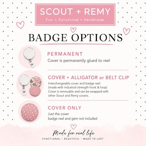 Pu&ograve; includere: Un grafico informativo per le opzioni di badge Scout + Remy che presenta tre stili: un portabadge permanente, una copertura con clip a coccodrillo o da cintura e solo la copertura. Il testo descrive i metodi di fissaggio per ogni configurazione.