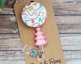 Pink Christmas Tree Badge Reel | Holiday Lights Badge Holder | Festive ID Clip