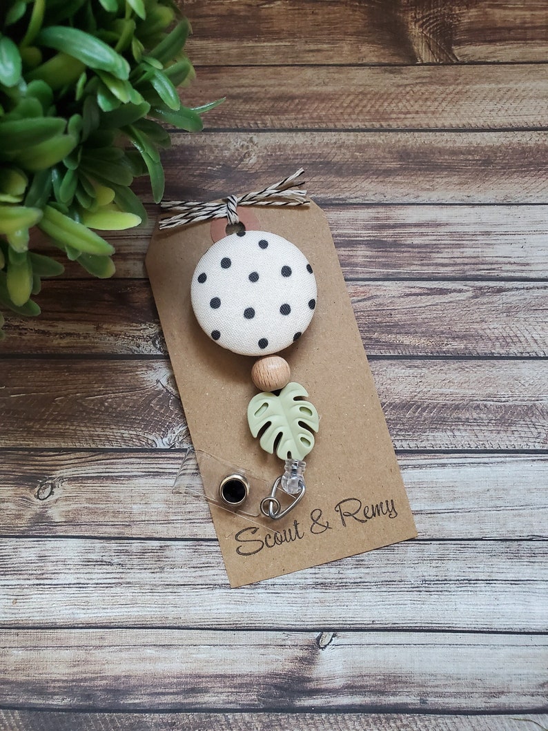 Neutral Boho Leaf Badge Reel, Interchangeable or Standard Option Black Gemstone