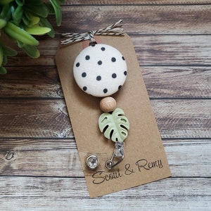 Neutral Boho Leaf Badge Reel, Interchangeable or Standard Option Clear Gemstone