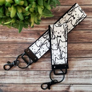 Black and White Cat Key Fob: Handmade Cotton Wristlet Keychain