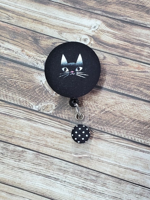 Retractable ID Name Clip Holder of Kitty Purple Background Black Cat Badge Reel 
