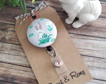 Bunny Badge Reel: Floral Rabbit ID Badge Holder, Wipeable Option