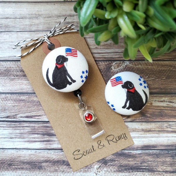 Black Lab with American Flag Badge Reel, Patriotic Badge Reel, Retractable Badge Reel, Wipeable Option