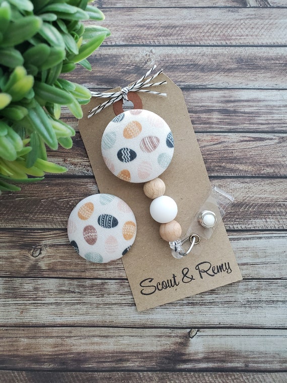 Neutral Boho Easter Egg Beaded Badge Reel, Retractable, Wipeable Option