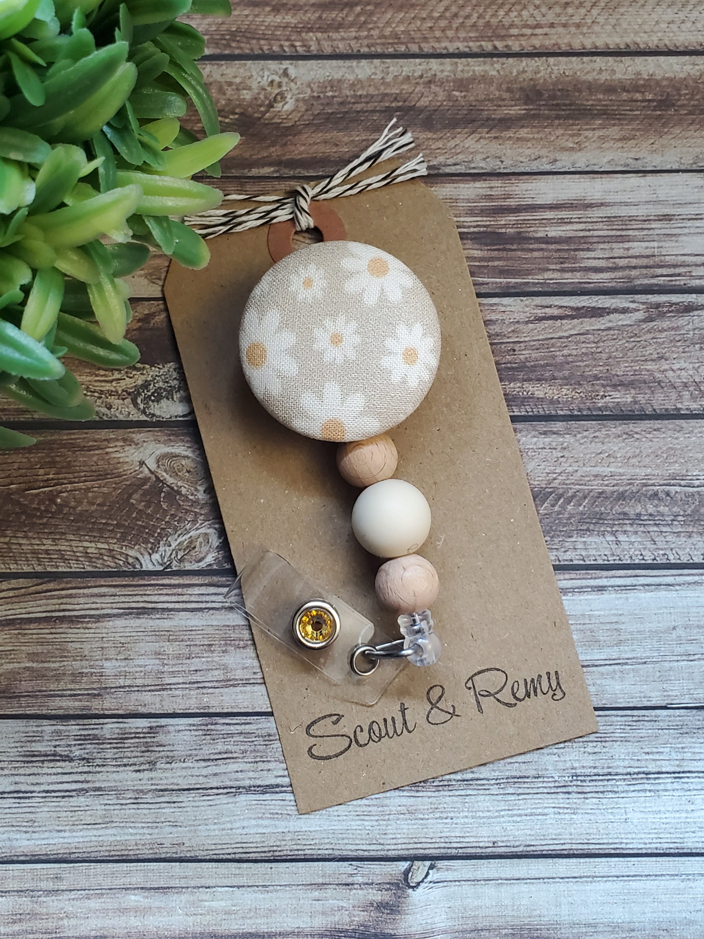 Boho Daisy in Neutral Badge Reel, Beaded Interchangeable or Permanent Option, Badge Holder