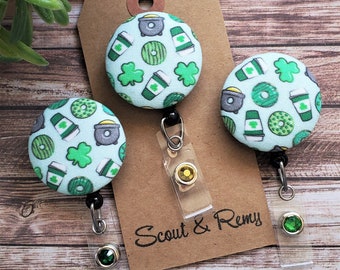 Badge Reel, St Patrick's Day, Green Shamrock Coffee and Donuts, Badge Clip, Teacher, Nurse, RN, Badge Holder