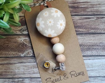 Boho Daisy in Neutral Badge Reel, Beaded Interchangeable or Permanent Option, Badge Holder