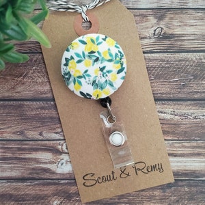 Lemon Botanical Badge Reel: Retractable Alligator or Belt Clip, Wipeable Option