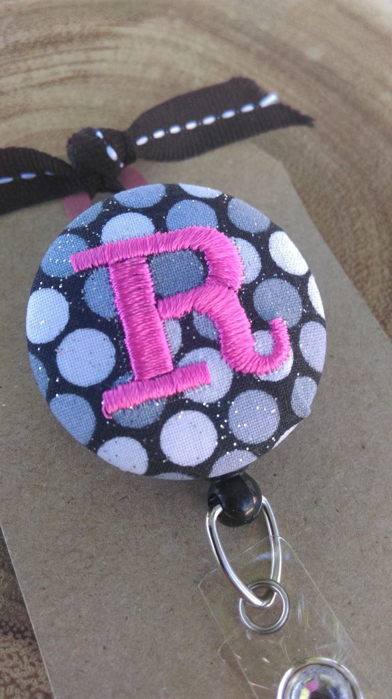 You Choose Letter Color Monogram Fuchsia Swirl ID Badge Clip