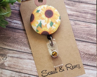 Sunflower Badge Reel, Floral, Retractable Badge Reel, Wipeable Option, Badge Holder, Badge Clip