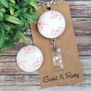 Pink Bows Retractable Badge Reel | Coquette | Blush Pink | Bow | Wipeable Option
