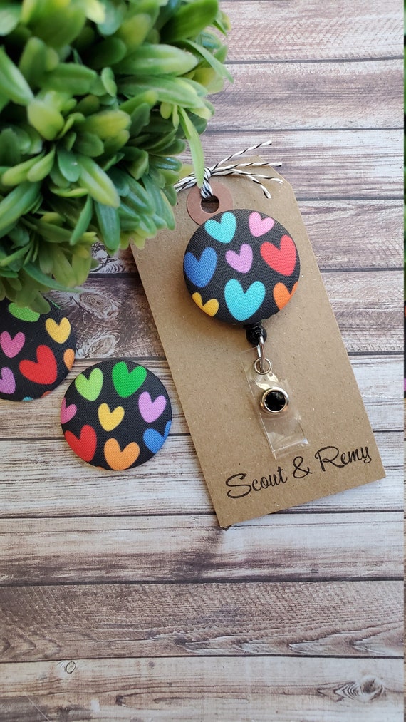 Rainbow Hearts Fabric Button Badge Reel Id Holder