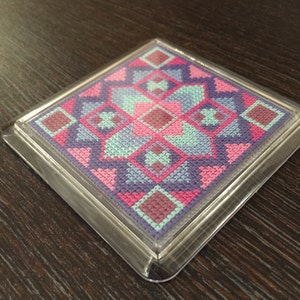 Geometric pattern cross stitch coasters Pink, purple, blue image 2