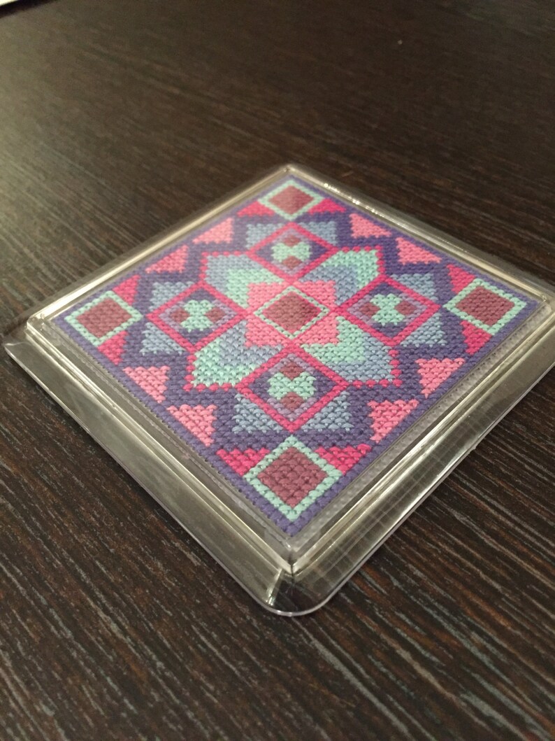 Geometric pattern cross stitch coasters Pink, purple, blue image 2
