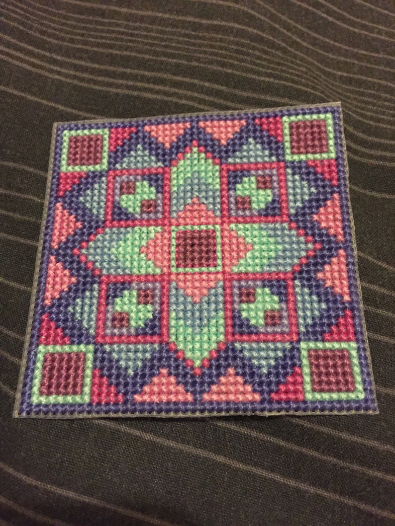 Geometric pattern cross stitch coasters Pink, purple, blue image 4