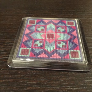 Geometric pattern cross stitch coasters Pink, purple, blue image 1