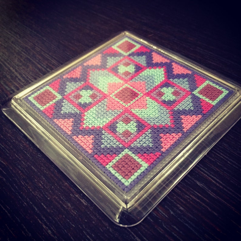 Geometric pattern cross stitch coasters Pink, purple, blue image 3