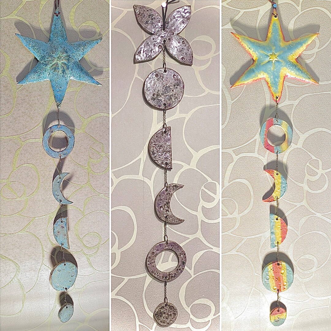 Hanging Ceramic Moon Phase Chain Wall Art Flat Stars Alt Decor Witch