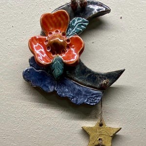 Hanging Ceramic Moon Chime  Wall Art  Flat  Stars  Witch  Witchy Gift  Astrology  Animal Rescue
